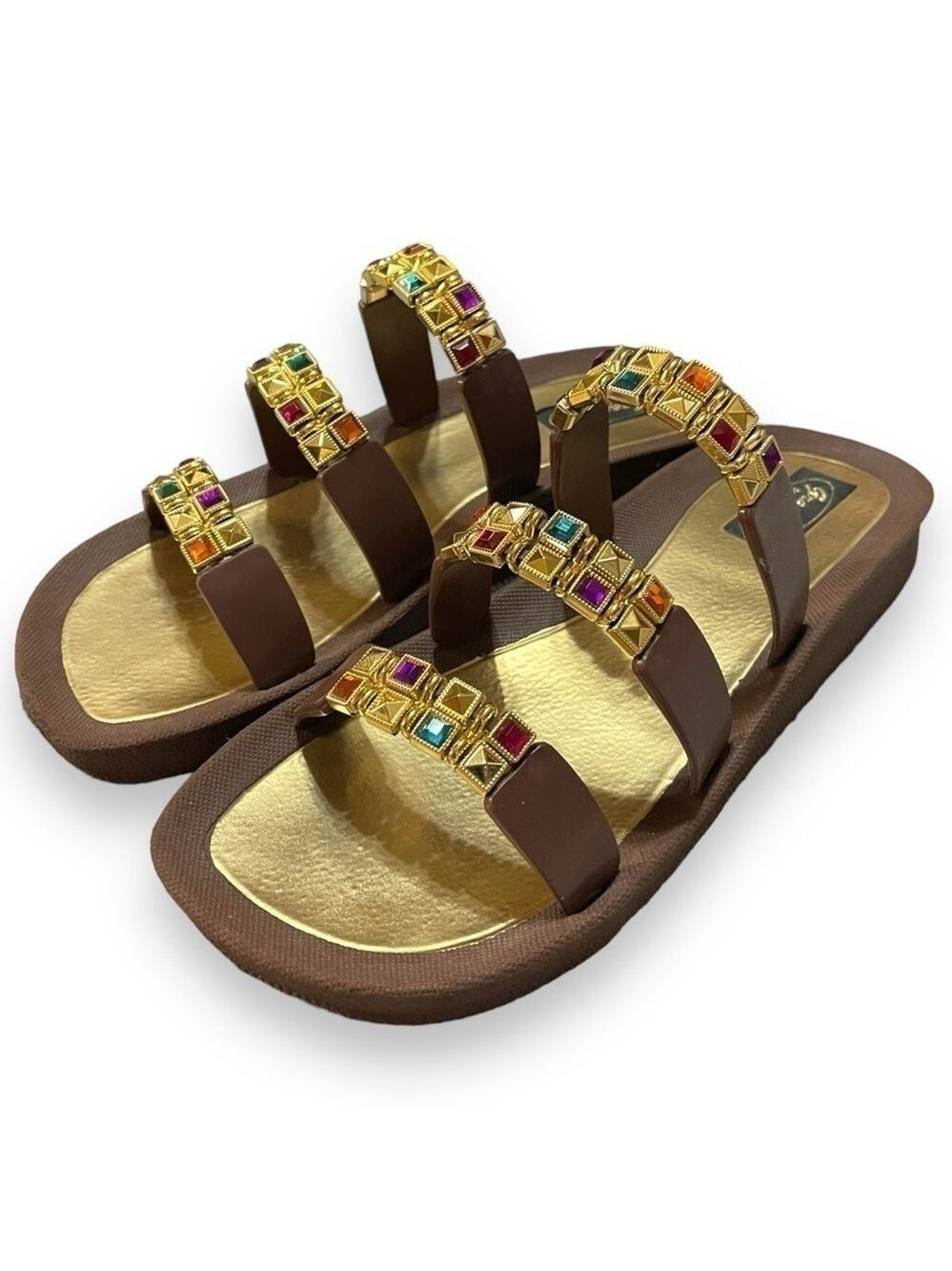 Grandco Jeweled Sandal Slides, Gold, Brown, Multi-Colored Jewels, Women’s Size 9